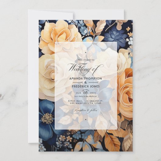 Invitation Mariage de printemps champagne, marine et Brown fl (Devant)