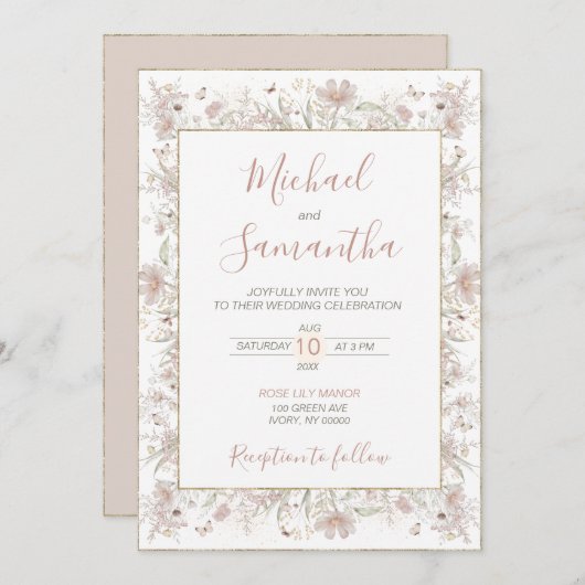 Invitation Mariage de printemps de Fleur sauvage Blush et Sag (Devant / Derrière)