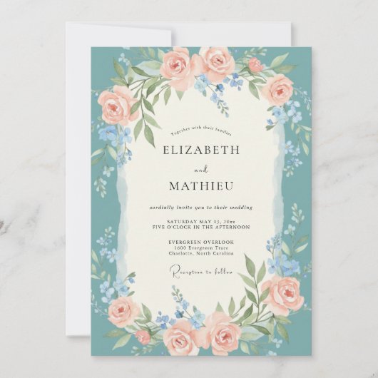 Invitation Mariage de printemps divin sarcelle (Devant)