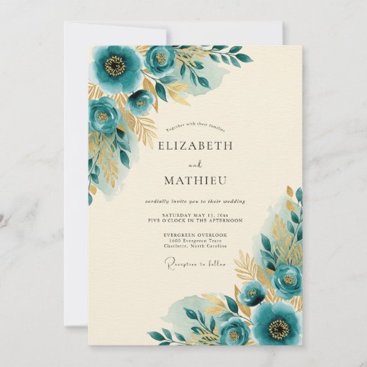 Invitation Mariage de printemps doré sarcelle (Devant)