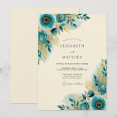 Invitation Mariage de printemps doré sarcelle (Devant / Derrière)