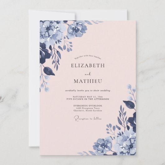 Invitation Mariage de printemps doux bleu marine (Devant)