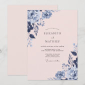Invitation Mariage de printemps doux bleu marine (Devant / Derrière)