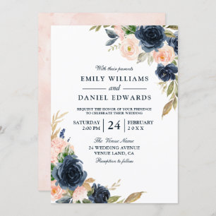 Invitation Mariage de printemps élégant de la Marine rose et