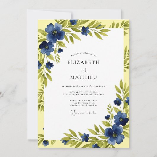 Invitation Mariage de printemps ensoleillé bleu marine (Devant)