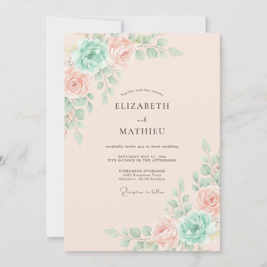 Invitation Mariage de printemps éthéré aux teintes de menthe (Devant)