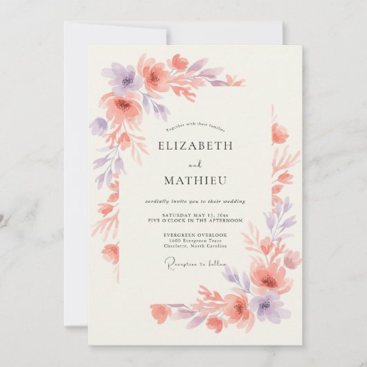 Invitation Mariage de printemps éthéré lavande pêche (Devant)