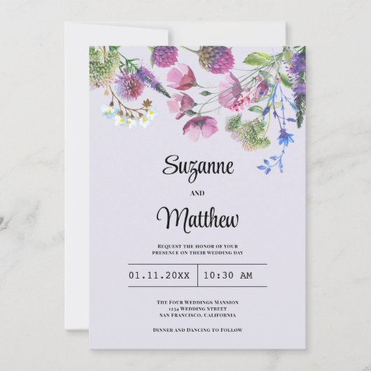 Invitation Mariage de printemps fleur sauvage violet de lavan (Devant)