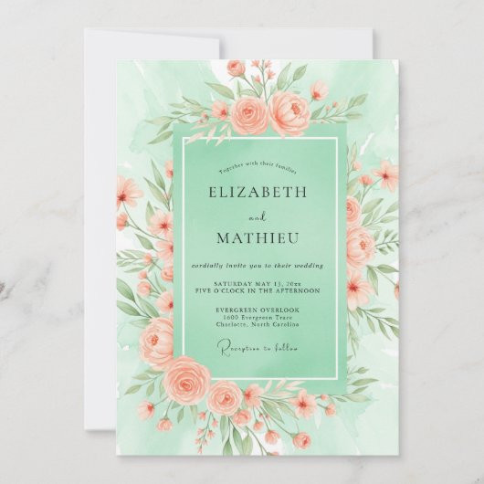 Invitation Mariage de printemps fleuri vert menthe (Devant)