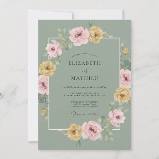 Invitation Mariage de printemps fleuri vert sauge (Devant)