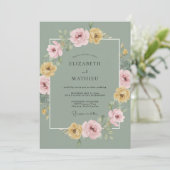 Invitation Mariage de printemps fleuri vert sauge (Debout devant)