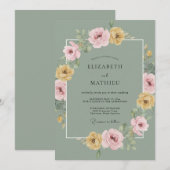 Invitation Mariage de printemps fleuri vert sauge (Devant / Derrière)