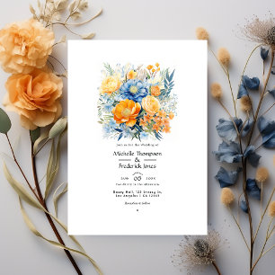 Invitation Mariage de printemps floral bleu et orange pâle