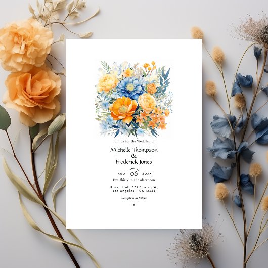 Invitation Mariage de printemps floral bleu et orange pâle