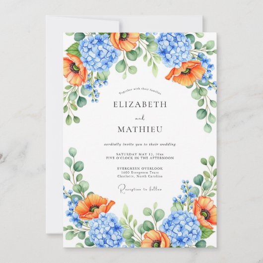 Invitation Mariage de printemps floral bleu orange (Devant)