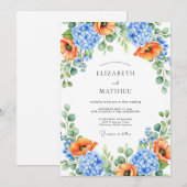 Invitation Mariage de printemps floral bleu orange (Devant / Derrière)