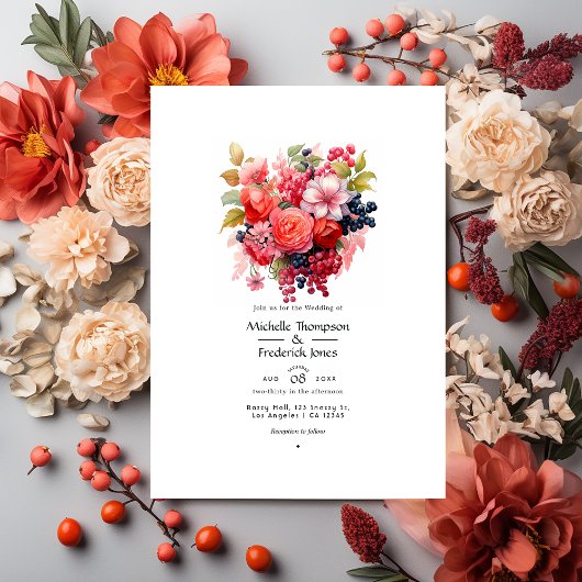 Invitation Mariage de printemps floral corail et berry