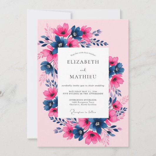 Invitation Mariage de printemps Fuchsia Navy Painterly (Devant)