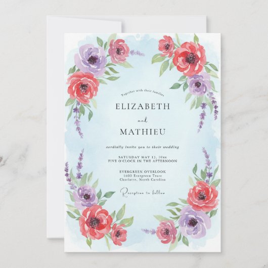 Invitation Mariage de printemps illustré bleu pâle (Devant)