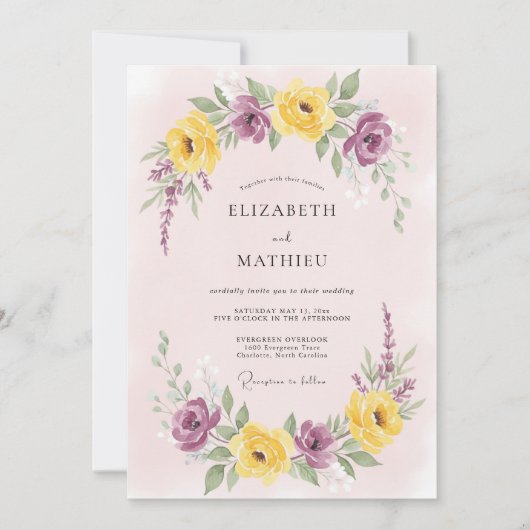 Invitation Mariage de printemps jaune violet brillant (Devant)
