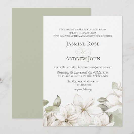 Invitation Mariage de printemps Magnolia Blossom Blush et Sag (Devant / Derrière)