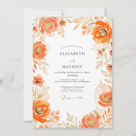 Invitation Mariage de printemps orange orné (Devant)