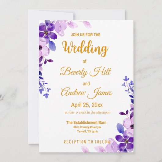 Invitation Mariage de printemps personnalisable violet et or (Devant)