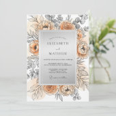 Invitation Mariage de printemps raffiné argent pêche (Debout devant)