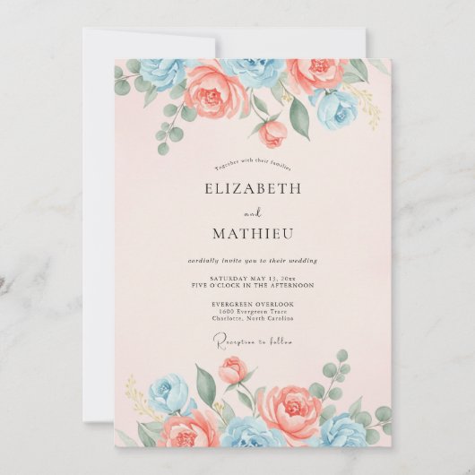 Invitation Mariage de printemps raffiné bleu clair pêche (Devant)