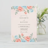 Invitation Mariage de printemps raffiné bleu clair pêche (Debout devant)