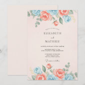 Invitation Mariage de printemps raffiné bleu clair pêche (Devant / Derrière)