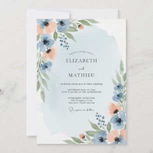 Invitation Mariage de printemps rêveur bleu poussiéreux et pê