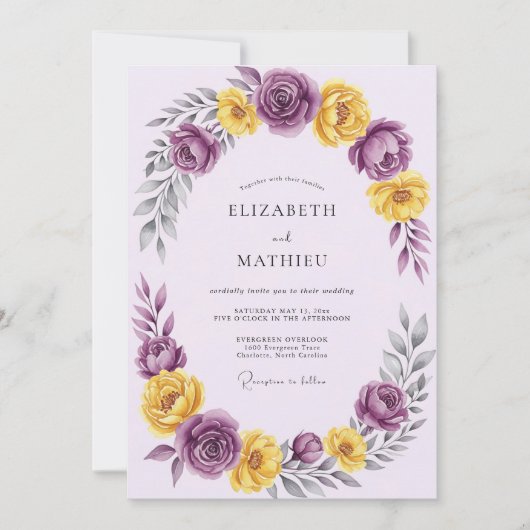Invitation Mariage de printemps romantique jaune violet (Devant)