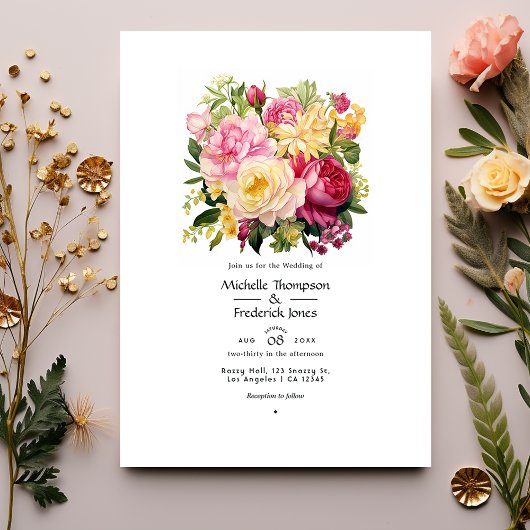 Invitation Mariage de printemps rose, vert et or