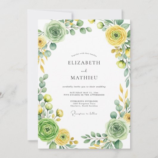 Invitation Mariage de printemps splendide vert sauge jaune (Devant)