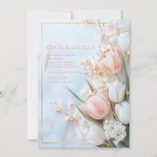 Invitation Mariage de printemps Tulipe Rose Foncé Marbre Doré (Devant)