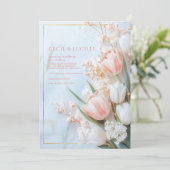 Invitation Mariage de printemps Tulipe Rose Foncé Marbre Doré (Debout devant)