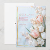 Invitation Mariage de printemps Tulipe Rose Foncé Marbre Doré (Devant / Derrière)