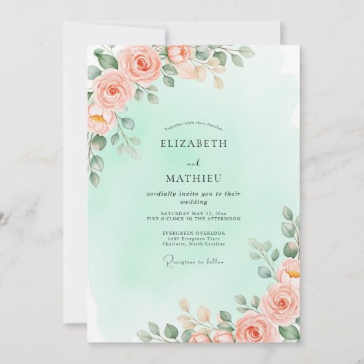 Invitation Mariage de printemps vert menthe à couper le souff (Devant)