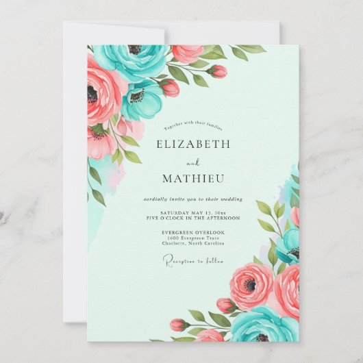 Invitation Mariage de printemps vibrant au corail sarcelle (Devant)