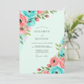 Invitation Mariage de printemps vibrant au corail sarcelle (Debout devant)