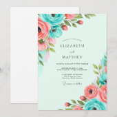 Invitation Mariage de printemps vibrant au corail sarcelle (Devant / Derrière)