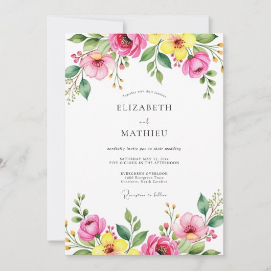 Invitation Mariage de printemps vibrant rose jaune (Devant)