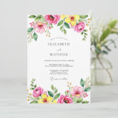 Invitation Mariage de printemps vibrant rose jaune (Debout devant)