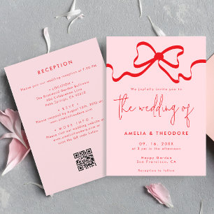 Invitation Mariage de réception Whimsica Pink Red Bow QR Code