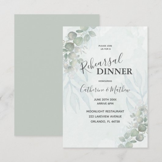 Invitation Mariage de répétition de eucalyptus vert rustique (Devant / Derrière)