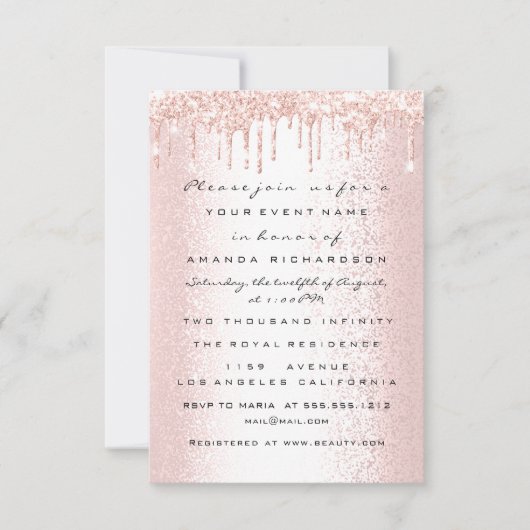 Invitation Mariage de rêve Rose Glitter Drips Sweet 16 (Devant)