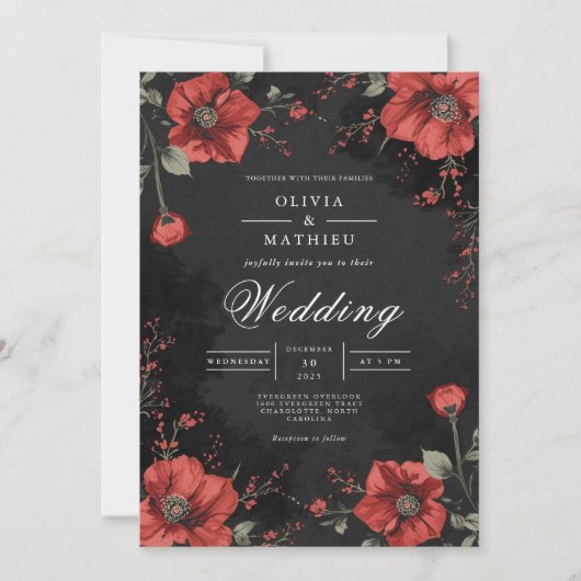 Invitation Mariage de romance florale foncée (Devant)