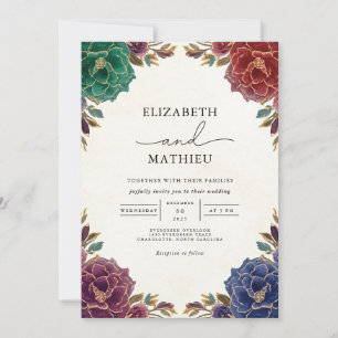 Invitation Mariage de romance florale Turquoise profonde