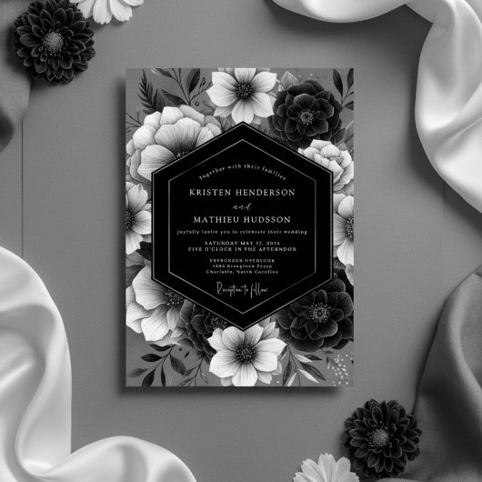 Invitation Mariage de Romance Opulente à Fleurs Noires